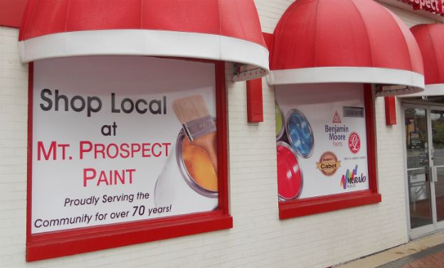 Mt. Prospect Paint.  An Arlington Signs original design.  Windows can act like billboards with full color vinyl panels applied to the surface. 